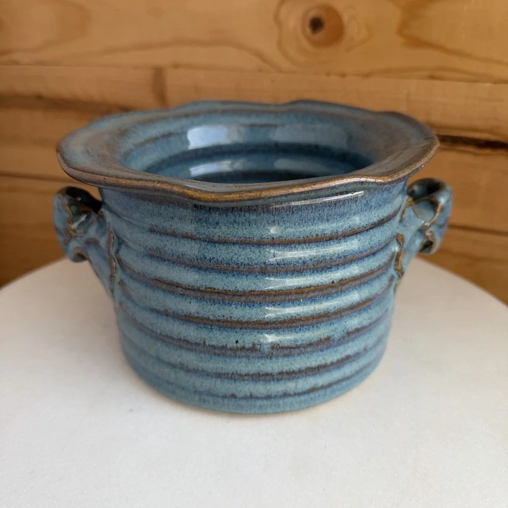 Handmade Pottery‎ Bread Bowl Double Pot Blue Cottage Core Decor Baugnet